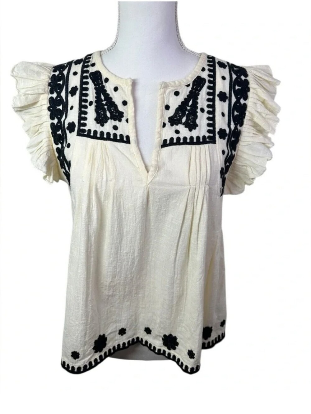 Cream Flutter Sleeve Embroidered Peasant Blouse with Navy Trim